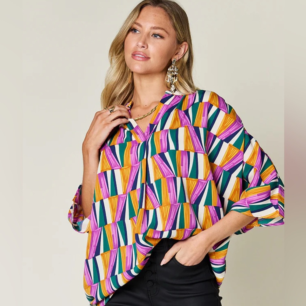 Double Take Full Size Geometric Notched Raglan Sleeve Blouse-,Small- NWT